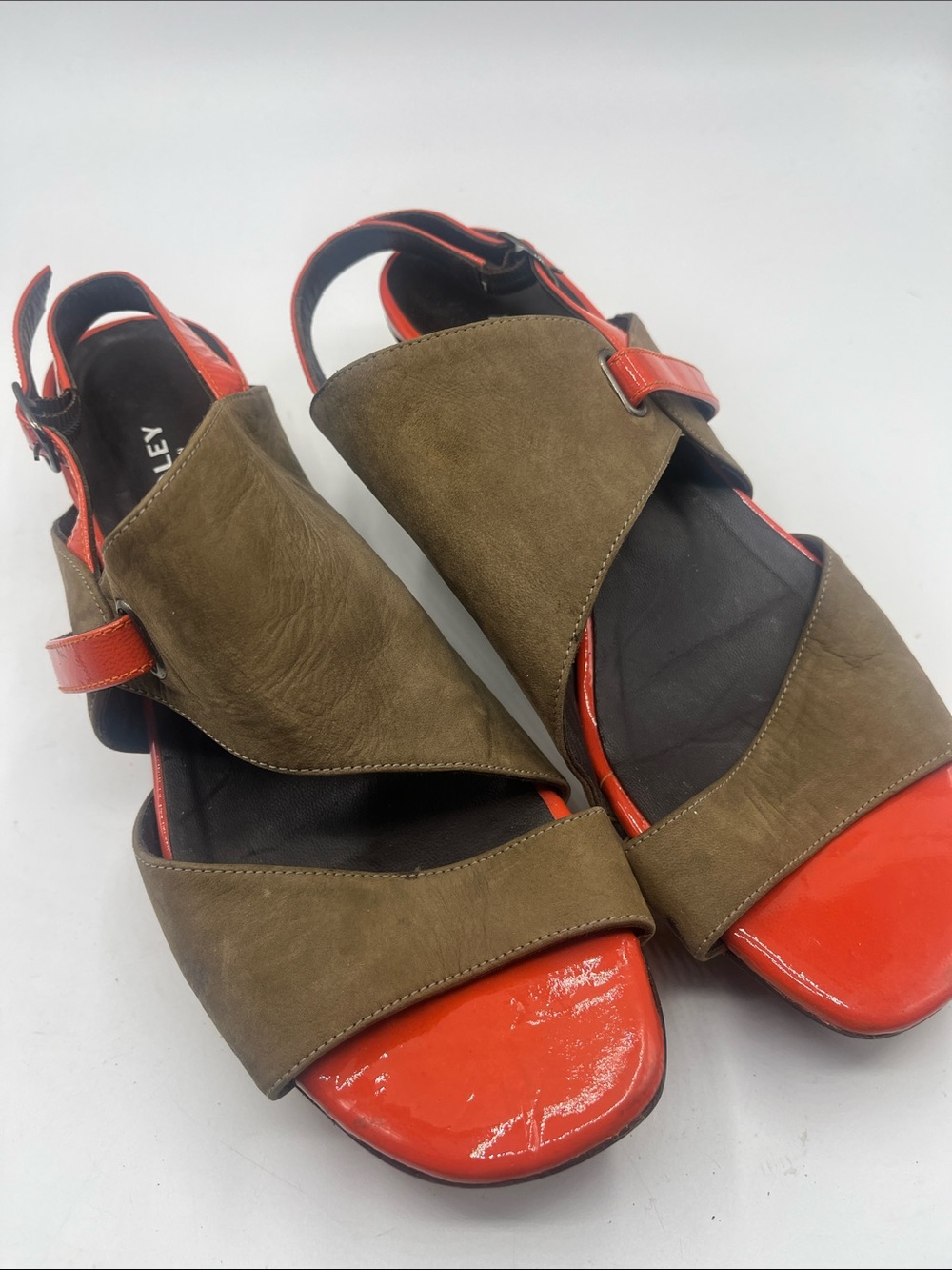 RADLEY LONDON Olive Brown Suede Sandals with Coral Patent Accents